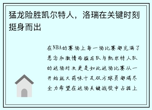 猛龙险胜凯尔特人，洛瑞在关键时刻挺身而出